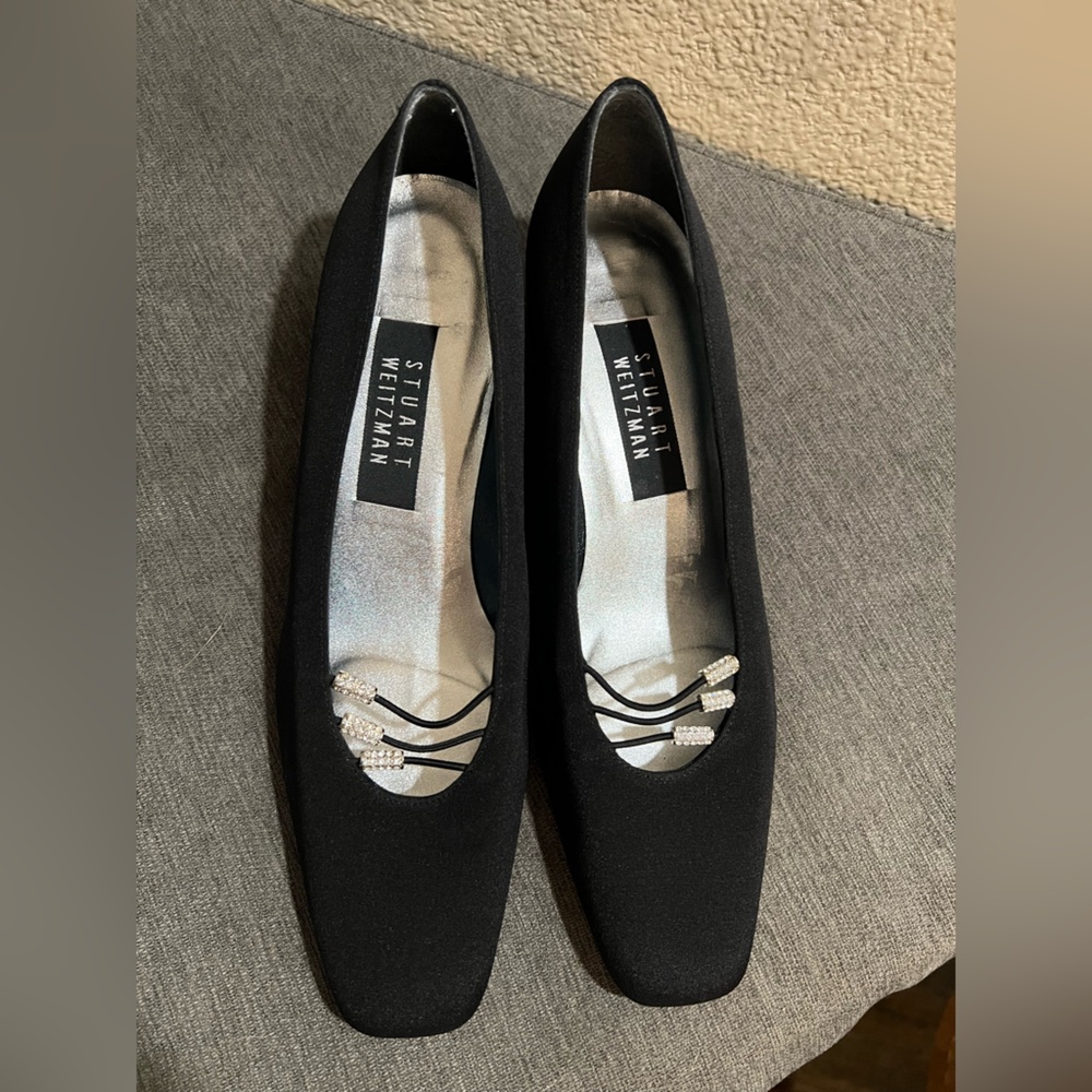 Stuart Weitzman Black block heels with Silver Abacus Accents 8.5 B
